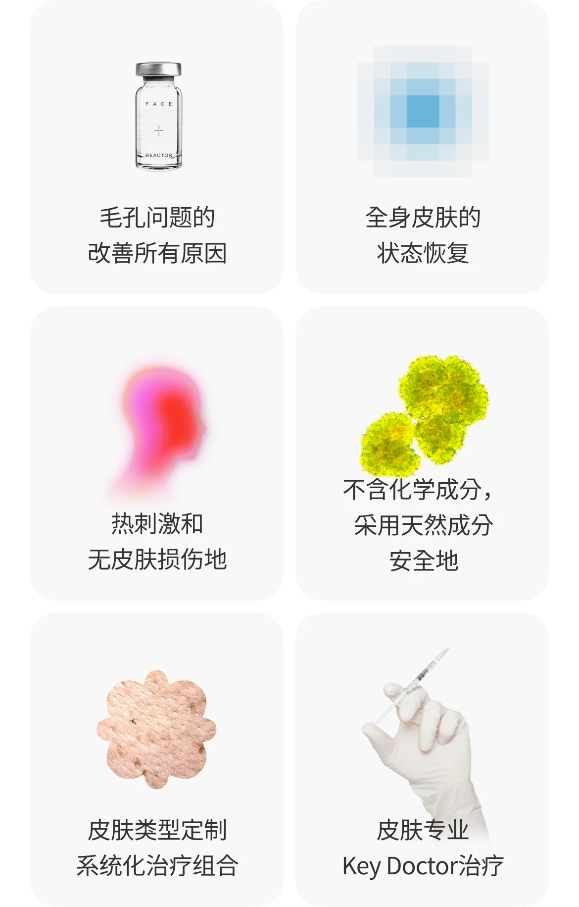 毛孔疗程的特别之处 — 改善毛孔问题的所有成因 · 肌肤整体的状态恢复 · 无热刺激与肌肤损伤 · 不含化学成分，以天然成分安全进行 · 依肤质定制的系统性疗程组合 · 肌肤专业主诊医师疗程